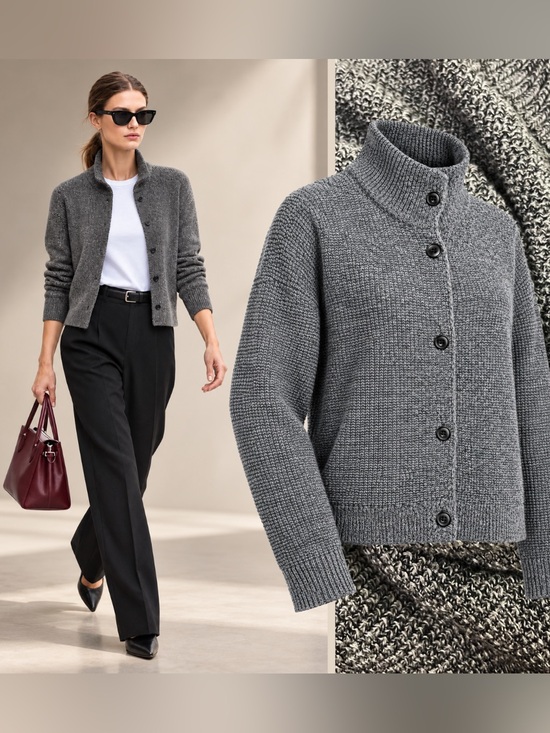 Eileen Fisher Sweaters - EILEEN FISHER Peruvian Organic Cotton High Collar Sweater Knit Cardigan Boxy L